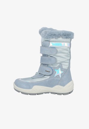 Helle blaue Winterstiefel aus synthetischen Materialien, mit einem Fellbesatz, drei verstellbaren Klettverschlüssen und einem reflektierenden Sternelement.