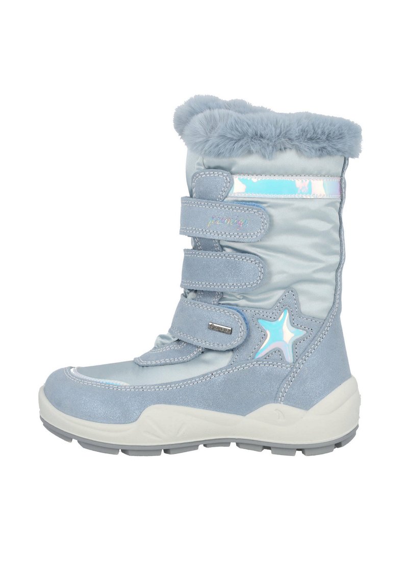 Stivale da inverno azzurro chiaro realizzato in materiali sintetici, caratterizzato da una rifinitura in pelliccia, tre cinturini in velcro regolabili e un accento a forma di stella riflettente.