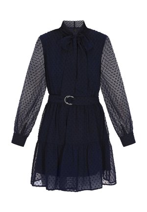 Marineblå kjole med høj krave, gennemsigtige puffærmer og en sløjfe ved halsen. Har en belagt talje og lagdelt nederdel med prikstruktur.