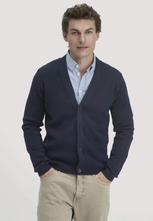 Cardigan di lana blu navy con scollo a V, chiusura con bottoni e polsini a coste. Indossato sopra una camicia azzurra con colletto e pantaloni beige.