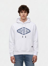 Vit hoodie med dragsko, försedd med en blå grafisk logotyp. Mjuk bomullsmaterial, känguruficka och ribbade ärmslut och hem.