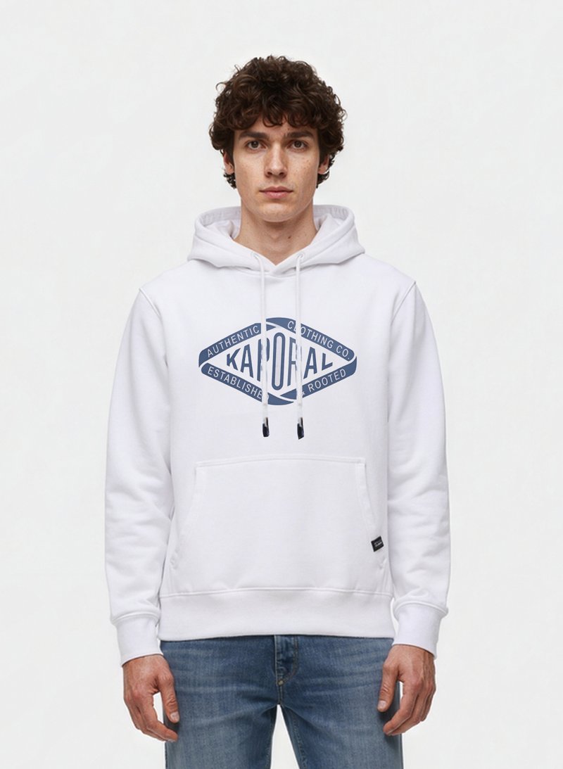 Vit hoodie med dragsko, försedd med en blå grafisk logotyp. Mjuk bomullsmaterial, känguruficka och ribbade ärmslut och hem.