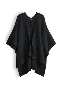 Zwarte gebreide poncho met een open voorkant, wijde mouwen en een gestructureerde afwerking. Kleine, verspreide metalen accenten voegen detail toe.