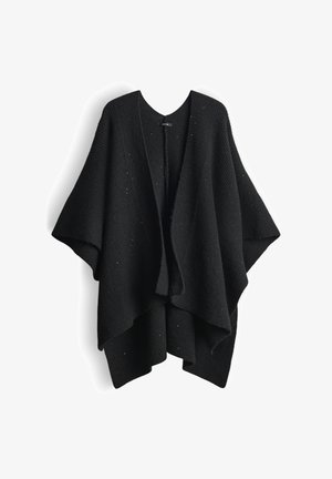 Poncho nero lavorato a maglia con apertura frontale, maniche larghe e finitura testurizzata. Piccoli dettagli metallici sparsi aggiungono un tocco di stile.