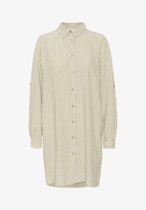 Button-down skjorte i lys beige med tynde lodrette striber, lange ærmer, krave og knapdetaljer ved manchetterne. Blødt, struktureret stof.