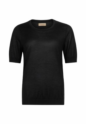 Schwarzes kurzärmeliges Strickoberteil mit rundem Ausschnitt und gerippten Bündchen, auf weißem Hintergrund dargestellt.