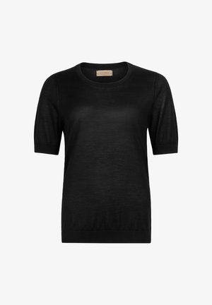 Schwarzes kurzärmeliges Strickoberteil mit rundem Ausschnitt und gerippten Bündchen, auf weißem Hintergrund dargestellt.