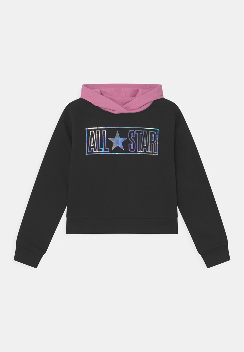 Felpa nera corta con cappuccio rosa; presenta una grafica olografica "ALL STAR" al centro e polsini a costine. Tessuto morbido.