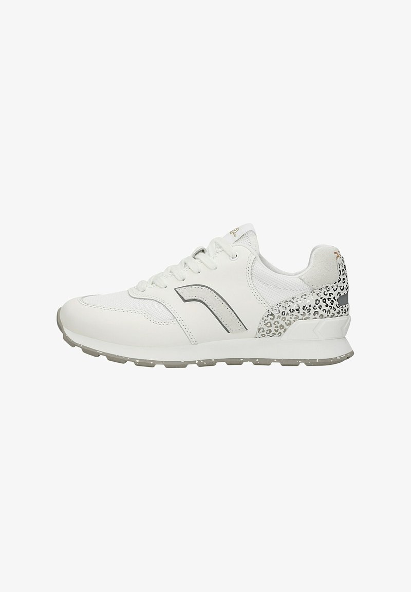 White athletic shoes with a textured upper, grey accents, and a leopard print heel. Features a lace-up design and rubber sole with grip.