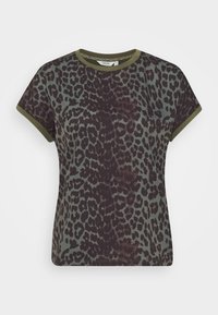 Leopard print t-shirt featuring a dark green base with black spots, fitted shape, and olive green ribbed neckline and sleeve cuffs.