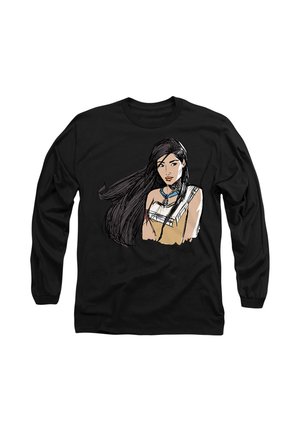 Black long-sleeve shirt featuring a cartoon-style illustration of a woman with long hair and a necklace, set against a simple background.