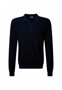 Navyblaues Langarm-Polohemd mit Kragen, Drei-Knopf-Leiste, gestrickter Textur und einfarbig ohne Muster oder Akzente.