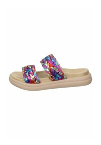 Infradito colorati intrecciati con due larghe cinghie in tonalità arcobaleno, suola beige morbida e plantare imbottito per il massimo comfort.