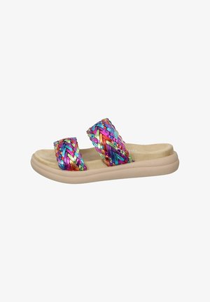 Infradito colorati intrecciati con due larghe cinghie in tonalità arcobaleno, suola beige morbida e plantare imbottito per il massimo comfort.