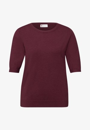 Pull en tricot bordeaux à manches courtes avec col rond et poignets et ourlet côtelés, étiquette Street One.