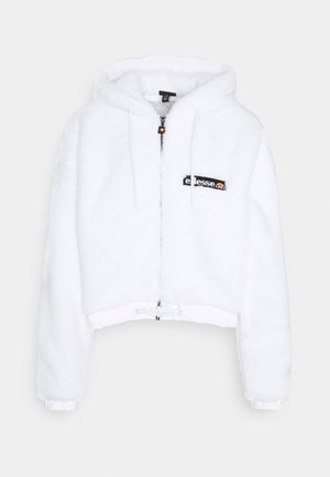 Witte, zachte hoodie met rits, trekkoorden, elastische manchetten en een klein zwart logo op de linkerborst met de tekst "ellesse".