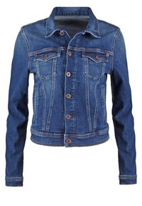 Blå denimjacka med knappstängning fram, två bröstfickor med ficklock, sidofickor och långa ärmar med sömdekorationer.