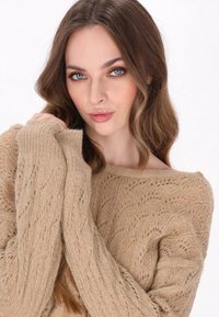 Beige gestrickter Pullover mit lockerer Passform, versehen mit einem Spitzenmuster und langen, gerippten Ärmeln. Weicher Stoff, der bequem um die Schultern getragen werden kann.