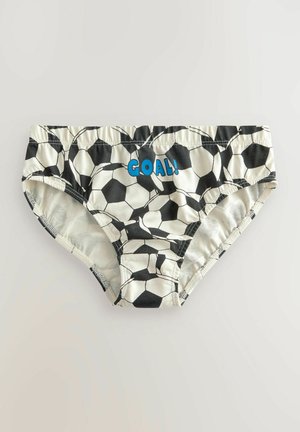 Mustvalged mustad ja valged ujumispüksid, millel on jalgpallimuster ning ees sinine "GOAL!" tekst. Elastsest materjalist vöökoht, sile kangas.