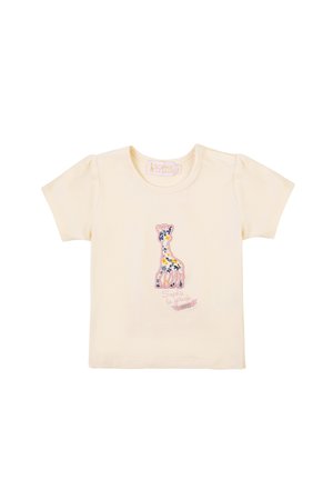 Hellgelbes Baumwoll-T-Shirt mit kurzen Ärmeln, das ein gesticktes Giraffenmotiv in mehreren Farben und den Text "Sophie la girafe" zeigt.