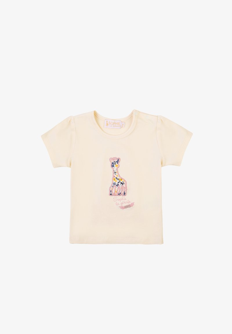 T-shirt di cotone giallo chiaro a maniche corte, con un design ricamato di giraffa in multicolor e il testo "Sophie la girafe."