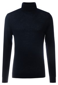 Pull à col roulé bleu marine en tissu léger, avec des manches longues et une coupe ajustée autour du cou, doté d'une texture lisse.