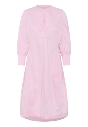 Roosa puuvillane kleit V-kaelusega, puffidega pikad varrukad ja mugav lõige. Sujuv tekstuur ja põlvepikkune hem. Minimalistlik disain.