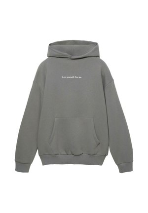 Grå hætte sweatshirt lavet af blødt stof, med en frontlomme og teksten "Elsk dig selv. Ikke mig" i hvid. Løs pasform.