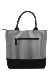 Torba typu tote w czarno-białe paski z jednolitym czarnym spodem. Posiada dwa uchwyty do przenoszenia oraz przednią kieszeń na zamek. Materiał o fakturze.