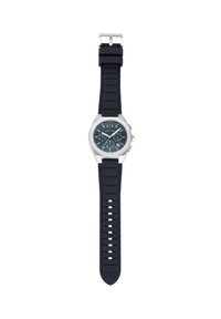 Orologio con cinturino in silicone nero, cassa rotonda in acciaio inox argentato, quadrante verde, indicatori delle ore bianchi e diversi quadranti secondari cronografici.