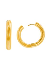 Orecchini a cerchio in oro con una finitura liscia e lucida. Un orecchino ha uno stile retro, mentre l'altro è un cerchio completo.