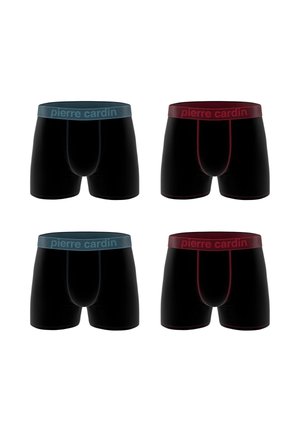 Quatre paires de boxers noirs avec des ceintures bleues et rouges, chacune marquée du logo "pierre cardin" et des coutures assorties.