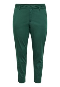 Vihreät, räätälöidyt housut, joissa on sileä pinta, tasainen etuosa ja nilkkapituinen malli. Mukana vyölenkit ja sivutaskut.