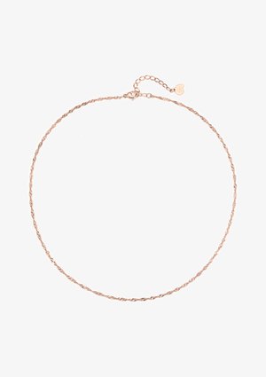 Collier en chaîne torsadée en or rose avec un design délicat, équipé d'un fermoir à homard et d'une chaîne ajustable ornée d'un petit cœur.