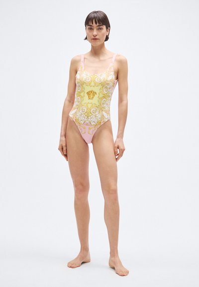 Üheosaline ujumistrikoo kollase ja roosa disainiga. Omadusteks trükitud muster ja õhukesed õlarihmad; siledast ja läikivast kangast.