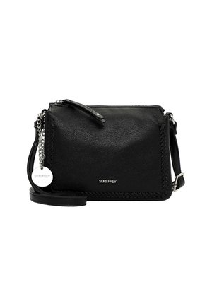 Black leather handbag with a textured finish, a zip closure, and an adjustable strap. Features braided accents and a metal logo tag.