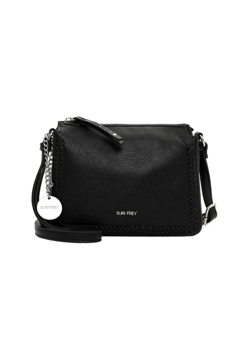 Schwarze Lederhandtasche mit strukturiertem Finish, einem Reißverschluss und einem verstellbaren Tragegurt. Verfügt über geflochtene Akzente und ein metallisches Logo-Tag.