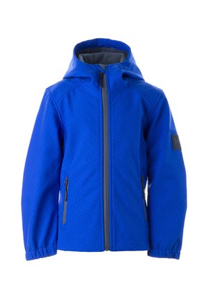 Blauwe jas met capuchon, rits aan de voorkant, ritssluitingen in de zijzakken en elastische manchetten, met een subtiel gestippeld patroon en een logo op de mouw.