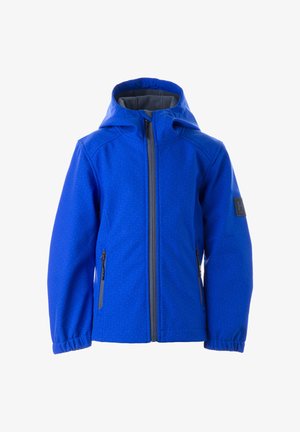 Blauwe jas met capuchon, rits aan de voorkant, ritssluitingen in de zijzakken en elastische manchetten, met een subtiel gestippeld patroon en een logo op de mouw.