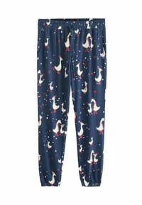 Navy pajama pants made of soft fabric, featuring a playful pattern of white ducks, red accents, and scattered white snowflakes. Elastic waistband.