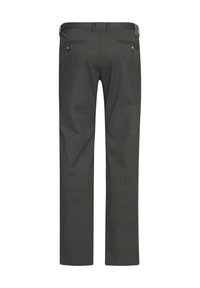 Dark gray men's trousers shown from the back with two buttoned rear pockets and belt loops on the waistband.