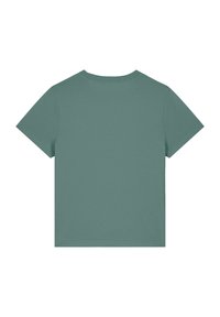 T-shirt à manches courtes de couleur vert doux, fabriqué en tissu doux. Présente un col rond classique et une coupe décontractée. Dos uni sans motifs.