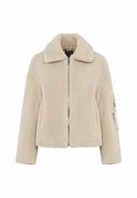 Beżowa kurtka typu sherpa o krótkim kroju, z szerokim kołnierzem, zamkiem z przodu, długimi rękawami oraz zapinaną na zamek kieszenią na lewym ramieniu z detalem w postaci paska.