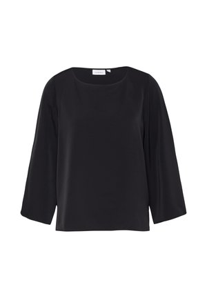 Schwarze Bluse aus glattem Stoff mit eckigem Ausschnitt und dreiviertellangen Ärmeln. Verfügt über eine lockere Passform und ein minimalistisches Design.