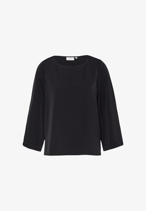 Czarna bluzka z gładkiej tkaniny o kwadratowym dekolcie i rękawach do połowy łokcia. Charakteryzuje się luźnym krojem i minimalistycznym designem.