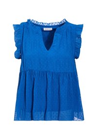Haut bleu sans manches en tissu texturé à petits pois, avec un col en V et des détails à volants sur les épaules, forme évasée.