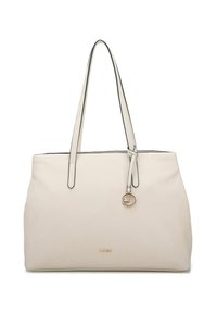 Sac cabas beige avec bordure noire, en mat�ériau synthétique lisse, double anses pour l'épaule, et un accent logo doré. Intérieur spacieux, design minimaliste.