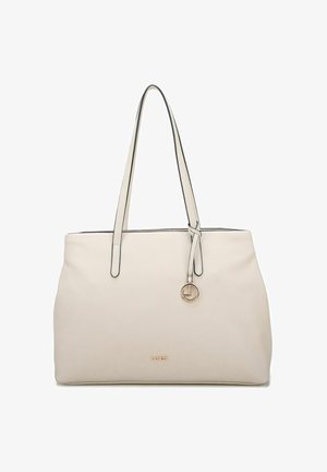 Sac cabas beige avec bordure noire, en matériau synthétique lisse, double anses pour l'épaule, et un accent logo doré. Intérieur spacieux, design minimaliste.