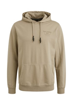 Hoodie beige en tissu doux, doté d'une poche kangourou, d'une capuche avec cordon de serrage réglable et d'un logo imprimé sur la poitrine.