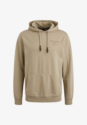 Beżowy hoodie wykonany z miękkiego materiału, z kieszenią kangurzą, regulowanym kapturem na sznurki oraz nadrukowanym logo na klatce piersiowej.